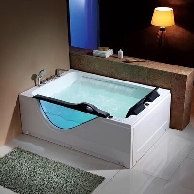 Acrylic Rectangular Whirlpool Bathtub with Waterfall & Glass Window for 2-Person Hydromassage Spa Tub