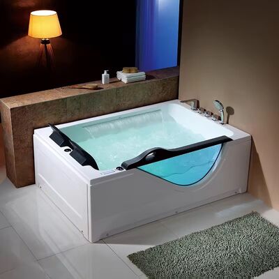 Acrylic Rectangular Whirlpool Bathtub with Waterfall & Glass Window for 2-Person Hydromassage Spa Tub