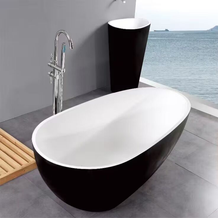 Customized 1500x750x720mm Matte Black Acrylic Free Standing Bathtub with Seamless Bonding and Drainer